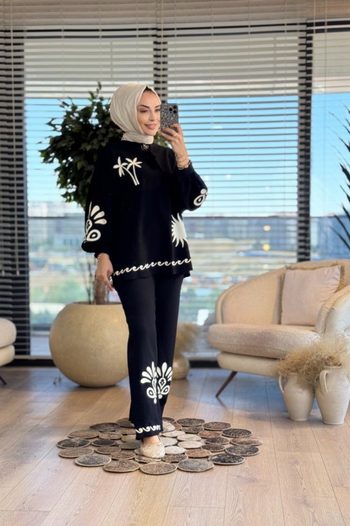 32523 Palmiye Ve Güneş Baskılı Takım Siyah