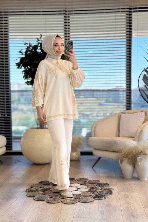 32523 Palmiye Ve Güneş Baskılı Takım Bej