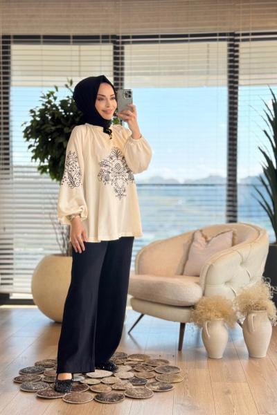 32525 Bohem Nakışlı Pantolon Takım Siyah