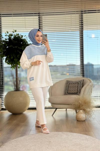 32551 Çiçek Nakış Ve Taşlı Sweat Ekru