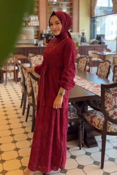 3262Y25 Elit Brode Elbise Bordo