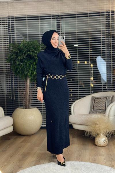 32761 Degaje Yaka Simli Elbise Siyah