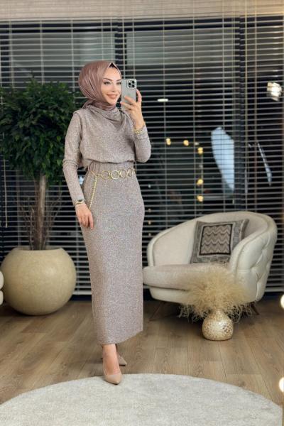 32761 Degaje Yaka Simli Elbise Gold
