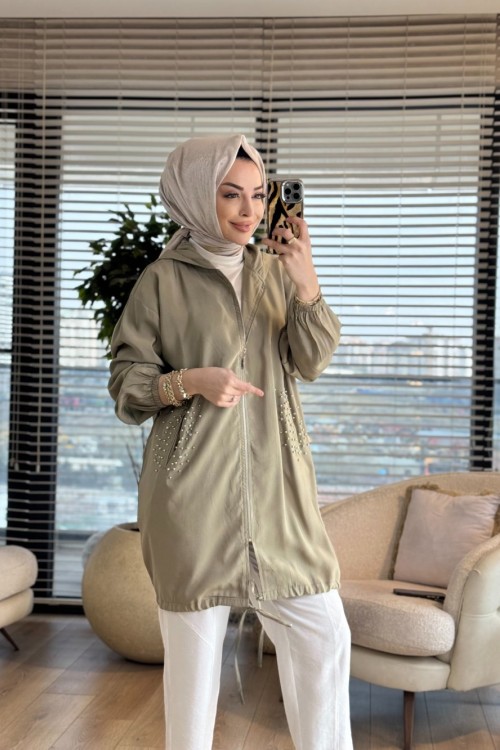 3278 Cepleri Taş Detaylı Midi Boy Kap Haki