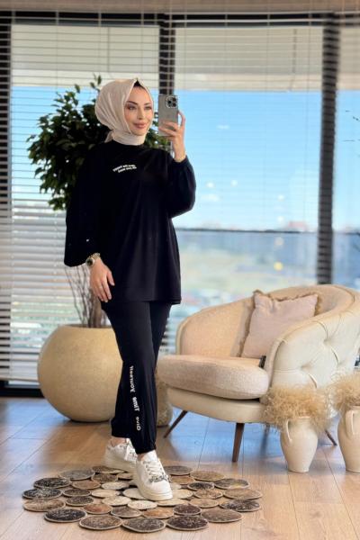 32824 Baskı Detaylı Modal Takım Siyah