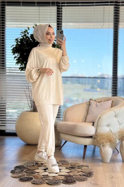 32824 Baskı Detaylı Modal Takım Bej