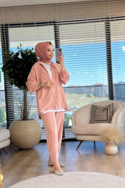 32880 Konik Pantolonlu Fermuarlı Takım Şeftali