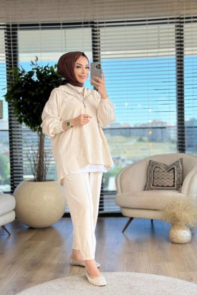 32880 Konik Pantolonlu Fermuarlı Takım Açık Bej
