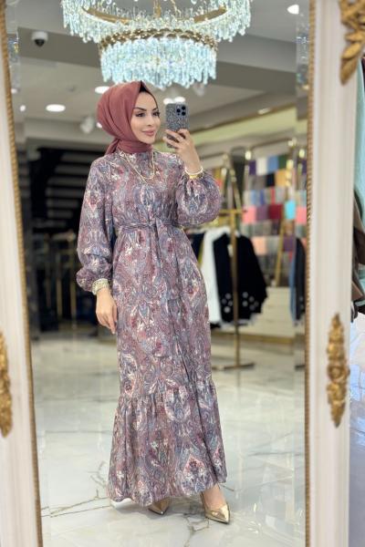 3289Y25 Keten Desenli Elbise Kahve