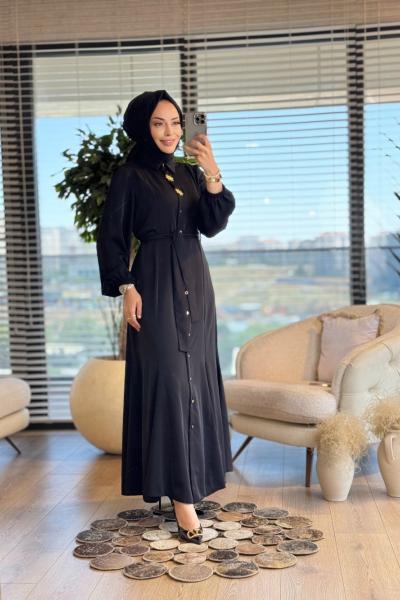 3290Y25 Eteği Parçalı Metal Düğmeli Elbise Siyah