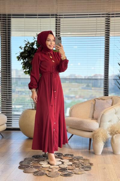 3290Y25 Eteği Parçalı Metal Düğmeli Elbise Bordo