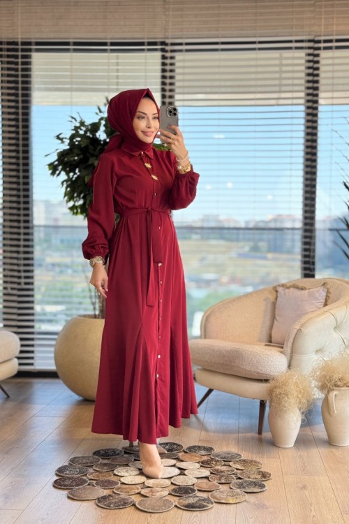 3290Y25 Eteği Parçalı Metal Düğmeli Elbise Bordo