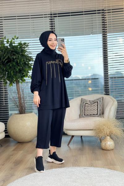 32945 Tonaton Ve Zincir Nakışlı Tunik Siyah