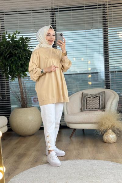 32945 Tonaton Ve Zincir Nakışlı Tunik Toprak