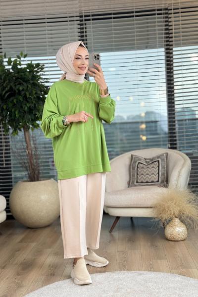 32945 Tonaton Ve Zincir Nakışlı Tunik Yeşil