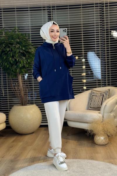 32996 Yaka Ve Kapşonlu Cepli SweatShirt Lacivert