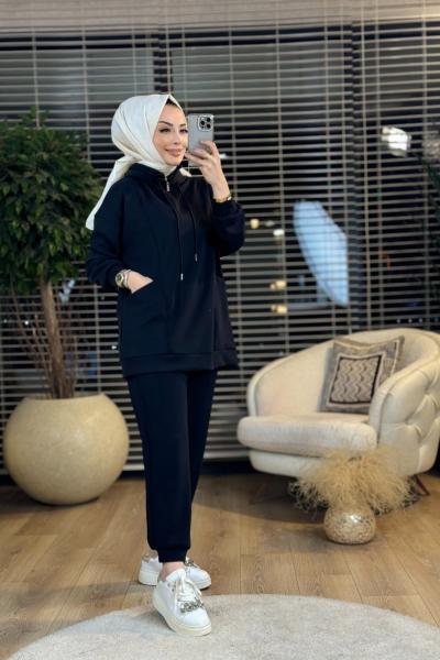 32996 Yaka Ve Kapşonlu Cepli SweatShirt Siyah