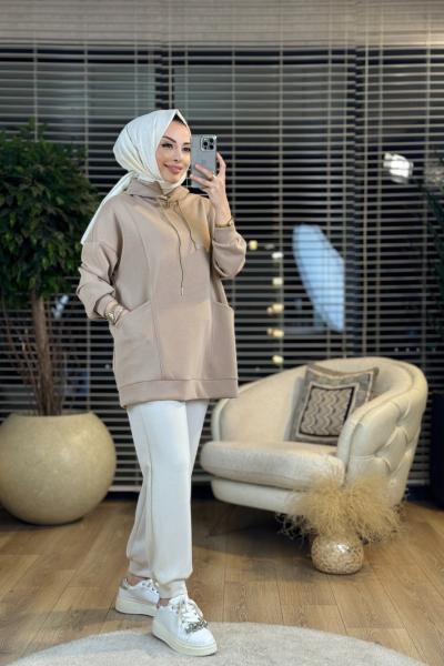 32996 Yaka Ve Kapşonlu Cepli SweatShirt Toprak