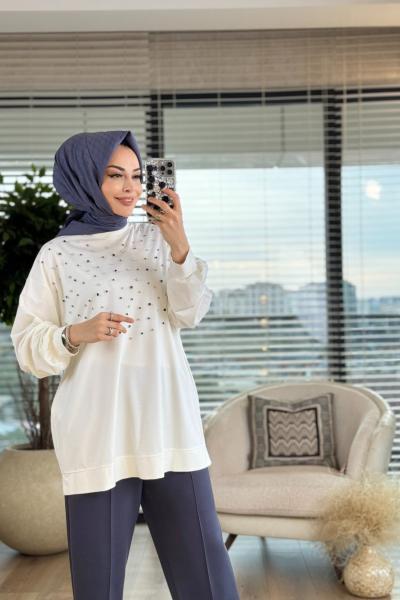 33013 Taş çakımlı Modal Sweat Ekru