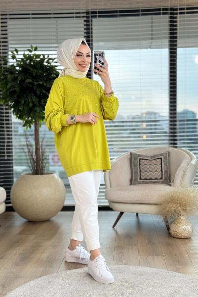 33013 Taş çakımlı Modal Sweat  Yağ Yeşili