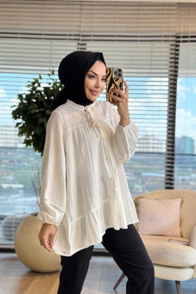3302 Şerit Detaylı Gömlek Ekru