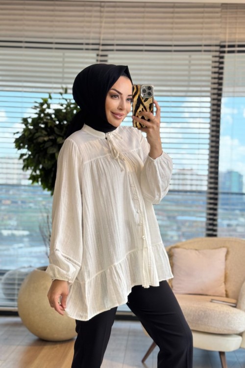 3302 Şerit Detaylı Gömlek Ekru
