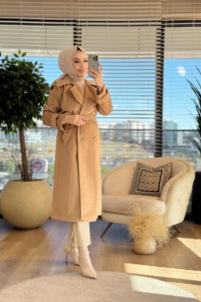 33064 Rüzgarlıklı Kruvaze Kaban Camel