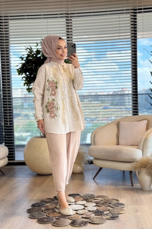 33084 Renkli Çiçekli Gömlek Bej