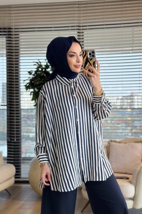 3311 Simli Kalın Çizgili Gömlek Lacivert