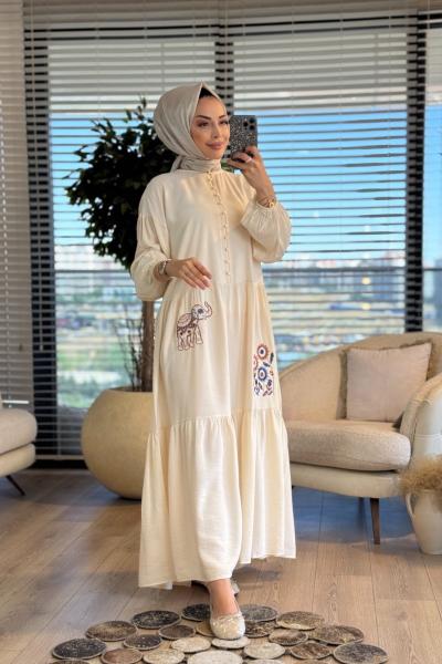 33123 Etnik Sim Nakışlı Elbise Bej