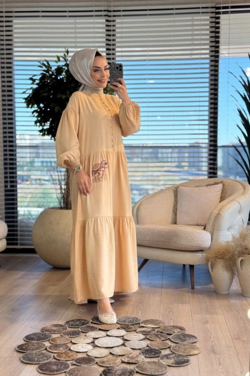 33123 Etnik Sim Nakışlı Elbise Toprak