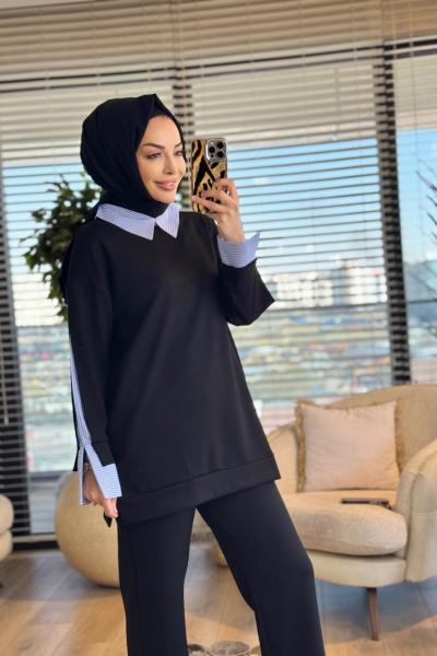 3314 Gömlek Yaka Garnili Takım Siyah