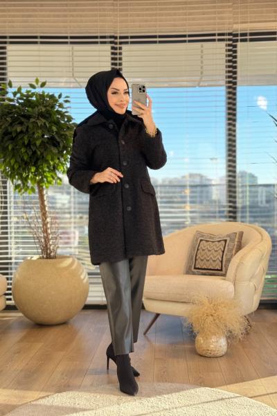 33142 Melanjlı Kaşe Kısa Kaban Siyah