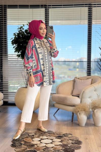33148 Eşarp Desenli Gömlek Fuşya
