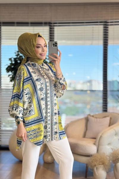 33148 Eşarp Desenli Gömlek Yağ Yeşili