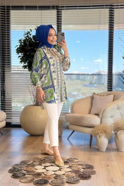 33148 Eşarp Desenli Gömlek Yeşil