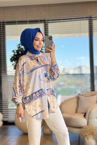 33190 Etnik Desen Baskılı Gömlek Mavi