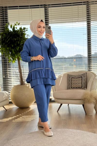 332 Etek Ucu Fırfır Ve Taş Detaylı Takım İndigo