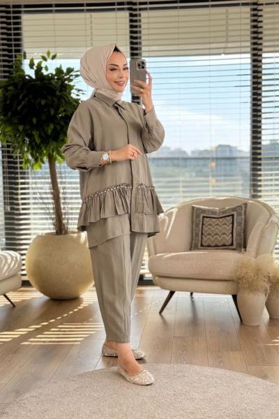 332 Etek Ucu Fırfır Ve Taş Detaylı Takım Haki