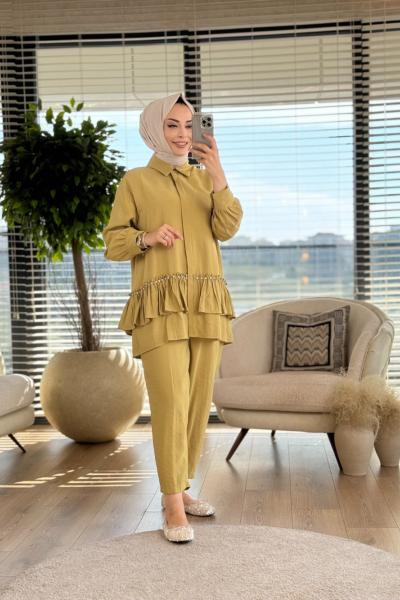 332 Etek Ucu Fırfır Ve Taş Detaylı Takım Yağ Yeşili