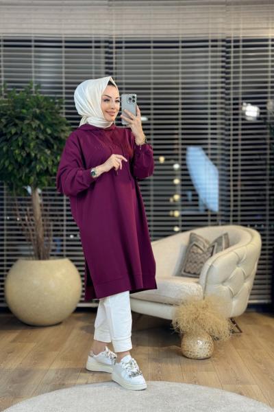 33201 Tonaton Nakışlı Kapşonlu Uzun Tunik Bordo