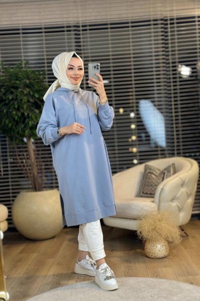 33201 Tonaton Nakışlı Kapşonlu Uzun Tunik Gri