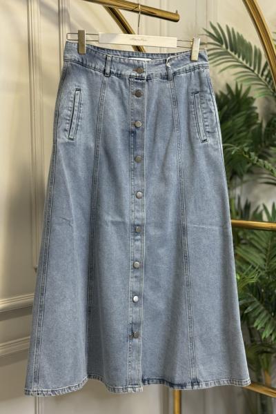 3321 Kot Önü Düğme Ve Dikişli Etek Mavi