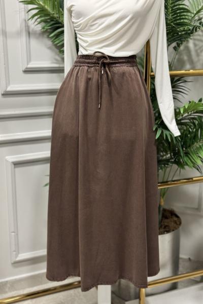 3322 Tencel Beli Lastikli Kloş Etek Kahve