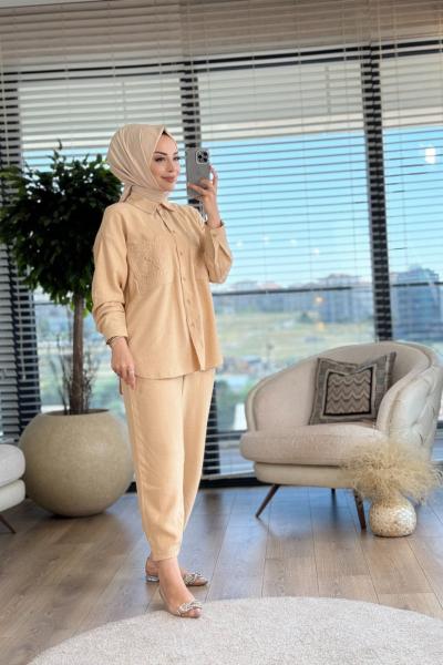 33220 Nakış Cepli Pantolonlu Takım Bej