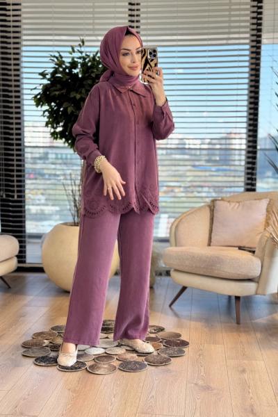 3325 Etek Ucu Nakış Detaylı Takım Bordo