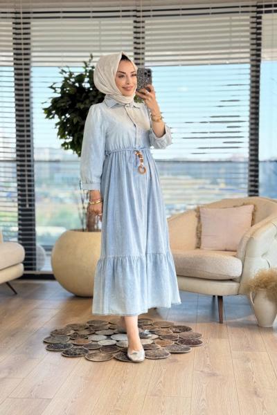 33338 Beli Büzgülü Kot Elbise Mavi