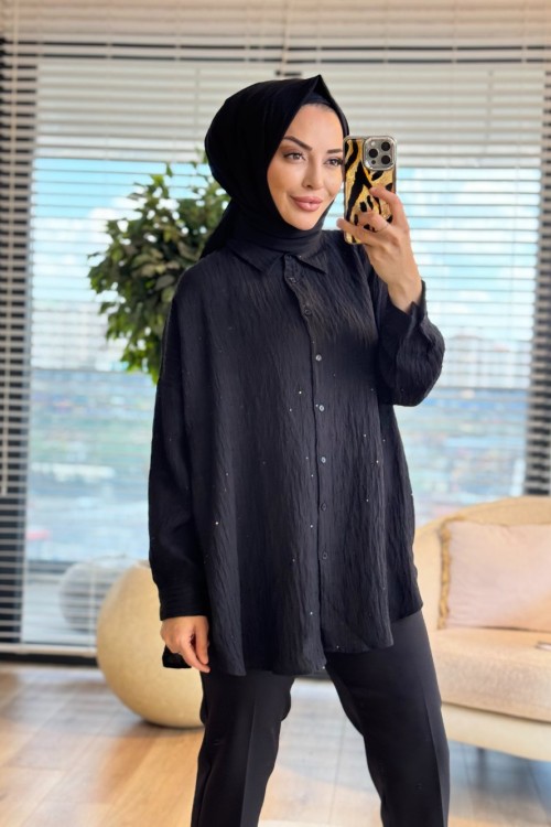 3344 Pul Detaylı Gömlek Siyah