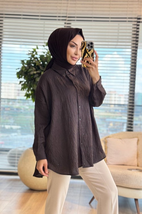 3344 Pul Detaylı Gömlek Kahve