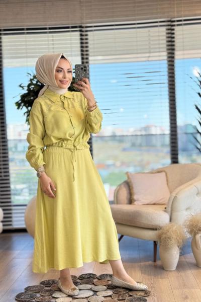 33517 Taş Detaylı Etekli Takım Yağ Yeşili